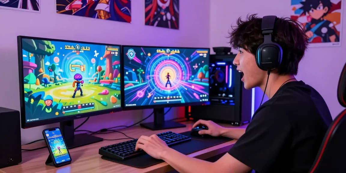 Captivating scene of mind control hentai gaming setup featuring animated character engaged in vibrant gameplay