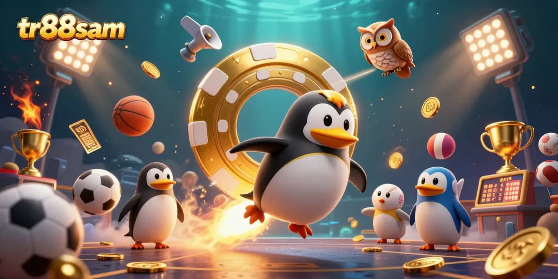 tr88sam showcases a golden penguin racing towards a cosmic casino, capturing the thrill of sports betting.