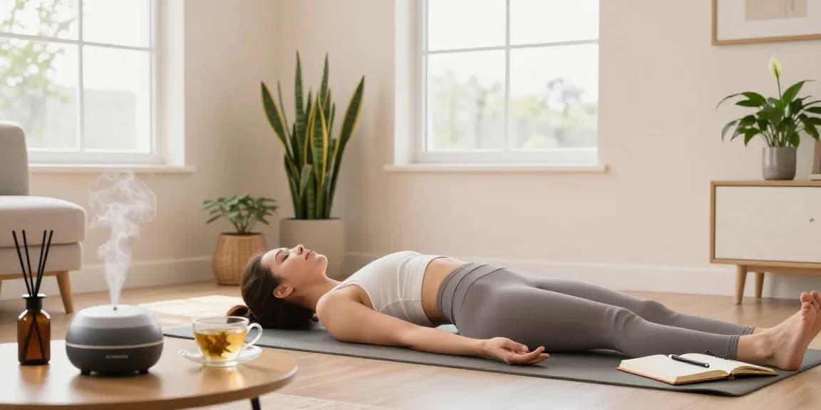 Wellness practice at home with yoga and calming decor featuring koiaminos.com elements.