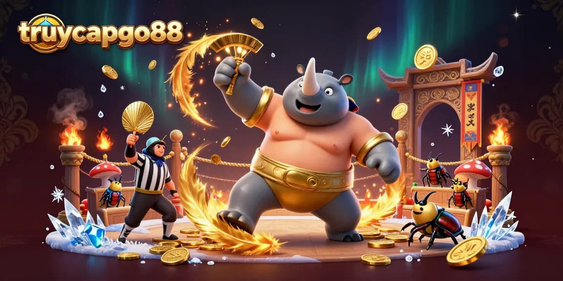 Experience thrilling action at truycapgo88 with our cartoon beetle champion surrounded by gold coins and vibrant gaming elements.