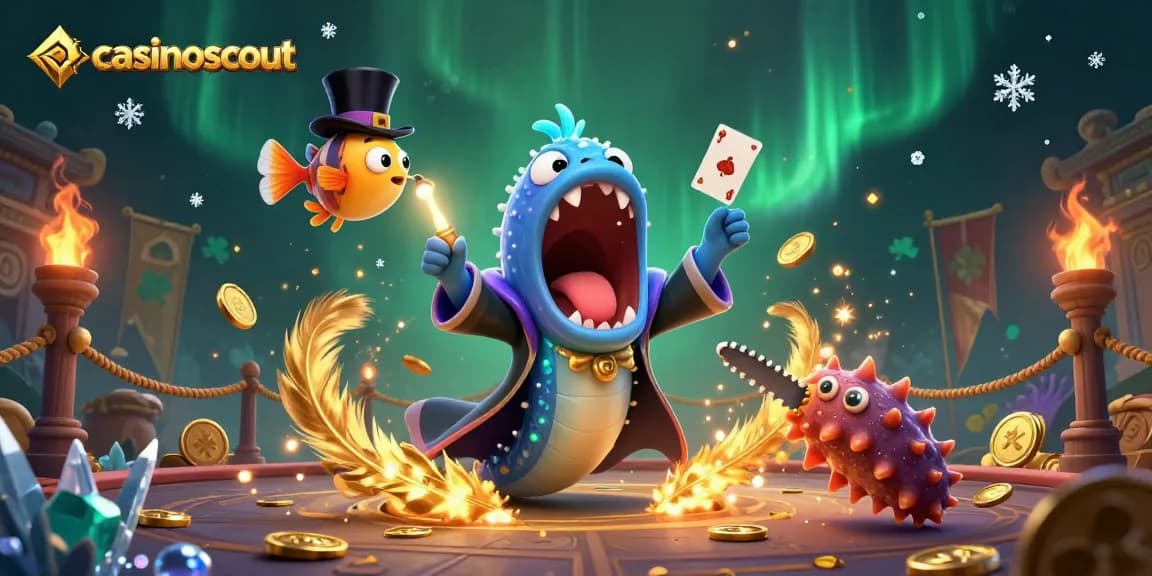 Casinoscout features a magical scene with a gulper eel magician, anglerfish spotlight, and a sea cucumber magic act.