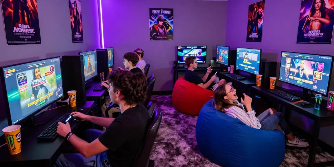 Group of friends playing free porn games in a vibrant gaming lounge