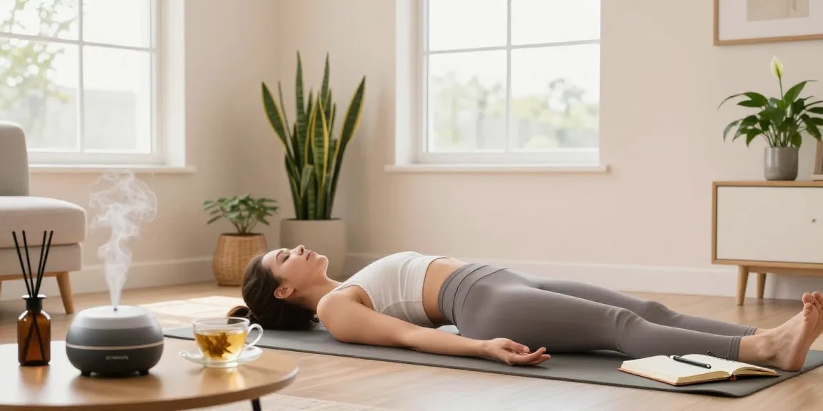 Wellness practice at home with yoga and calming decor featuring koiaminos.com elements.