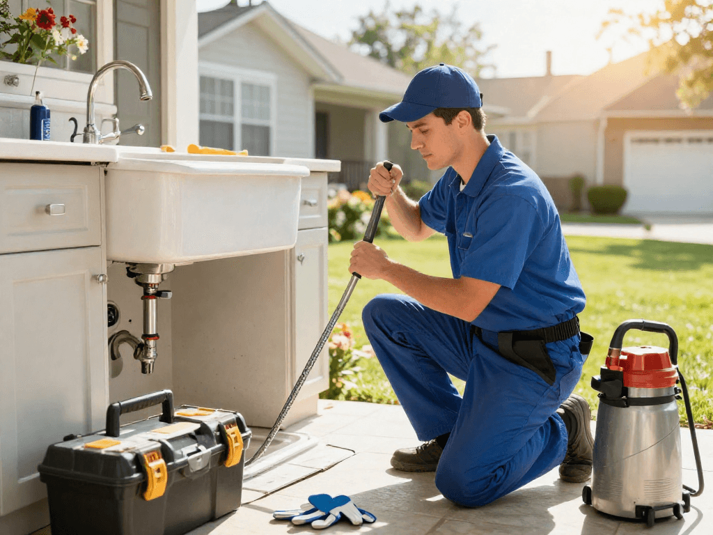 Drain cleaning Fort Worth services being performed by a skilled technician clearing a kitchen sink clog.
