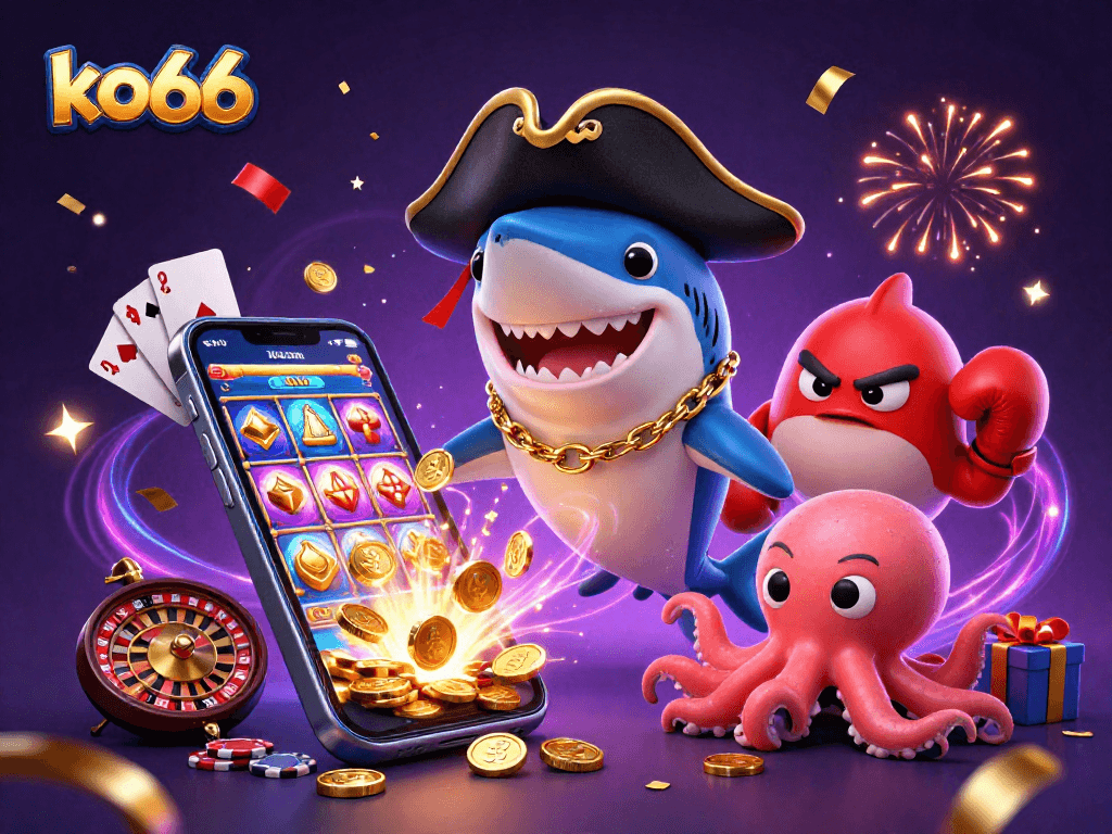 Experience excitement with ko66 as a shark, pufferfish, and octopus in a vibrant casino scene filled with games and coins.