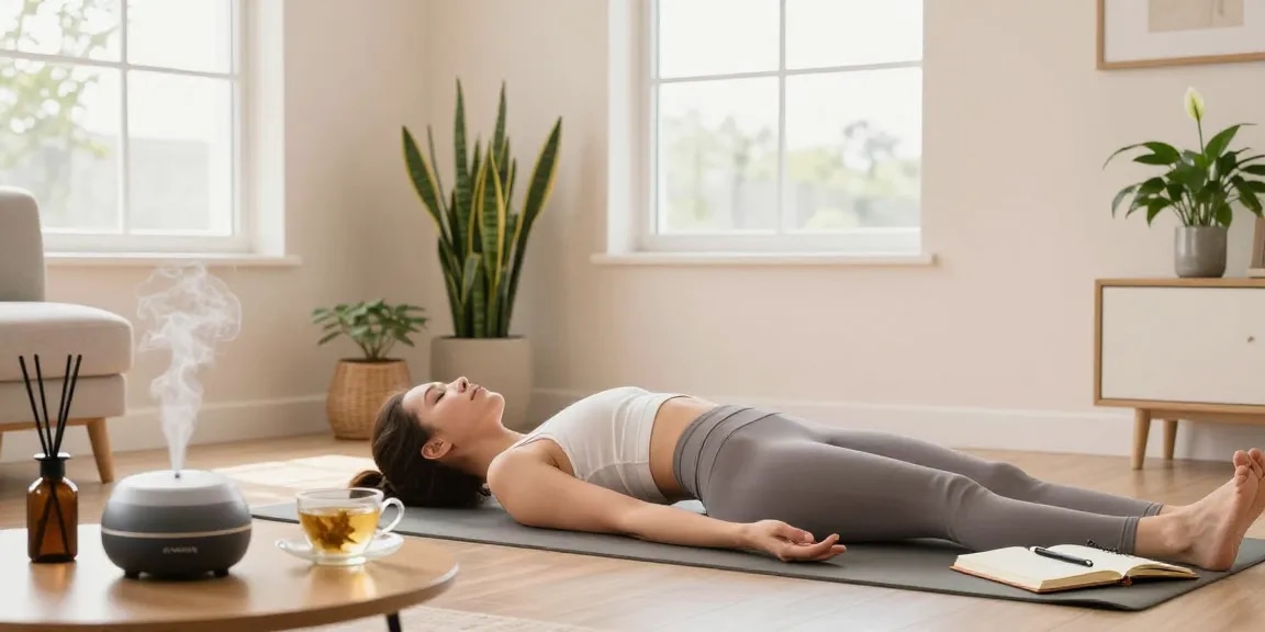 Wellness practice at home with yoga and calming decor featuring koiaminos.com elements.