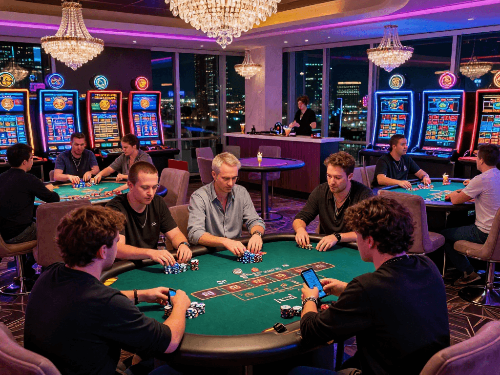 Exciting crypto casino scene with players at poker tables and vibrant digital screens.