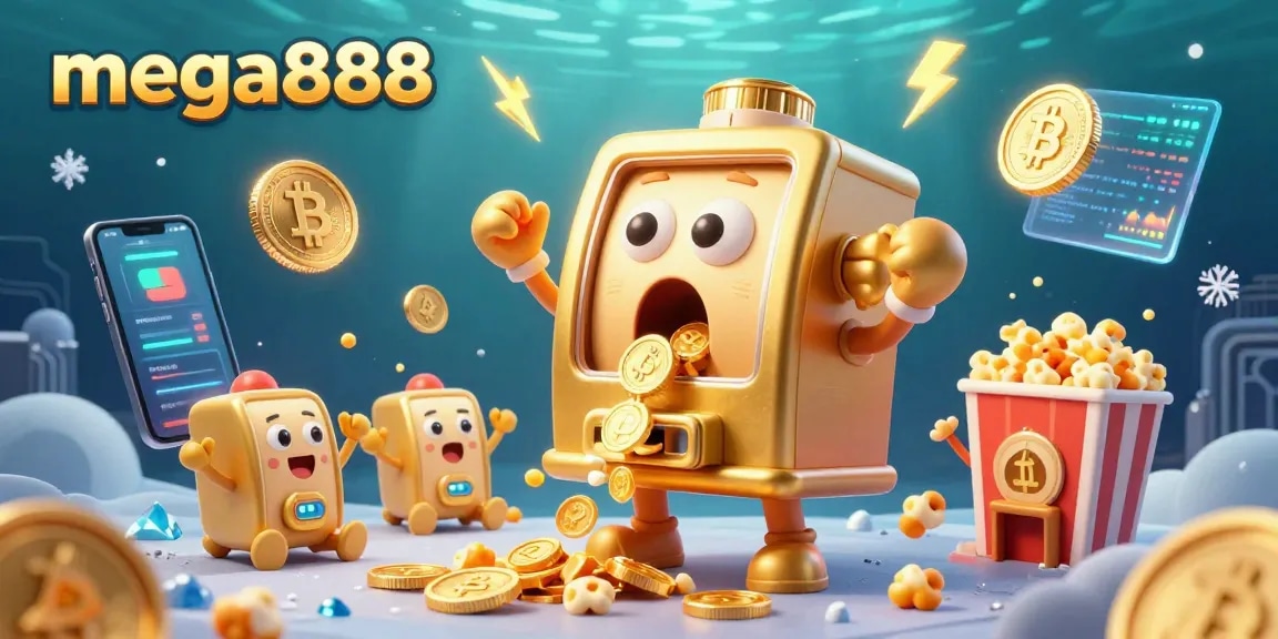 Experience mega888 excitement as golden slot machines cheer on jackpots amidst vibrant crypto-themed graphics.