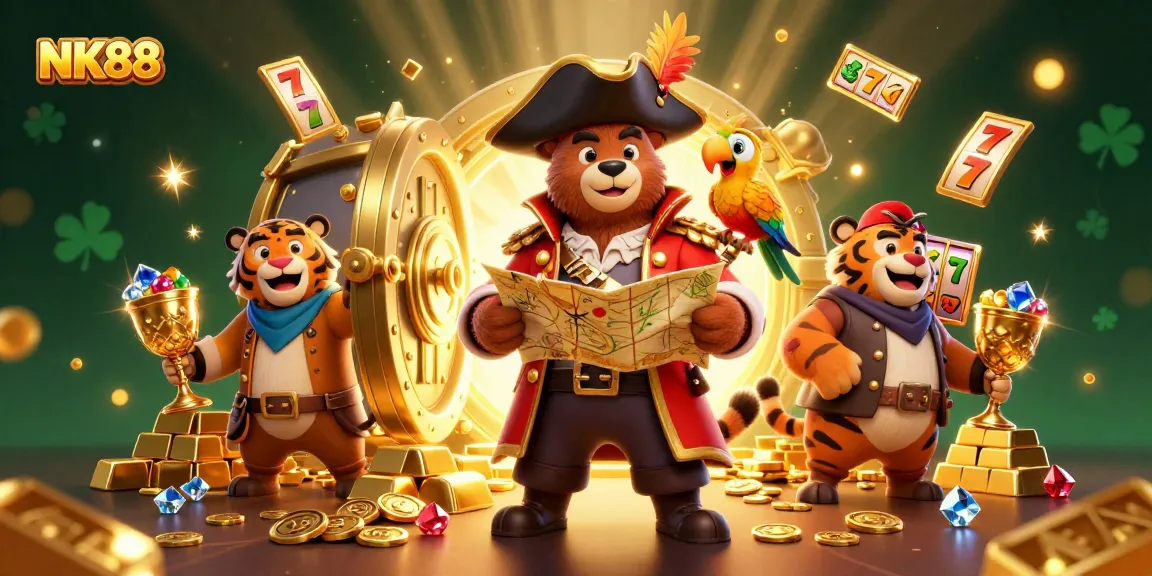 Experience the thrill of NK88 with colorful slots and treasure in a vibrant casino scene.