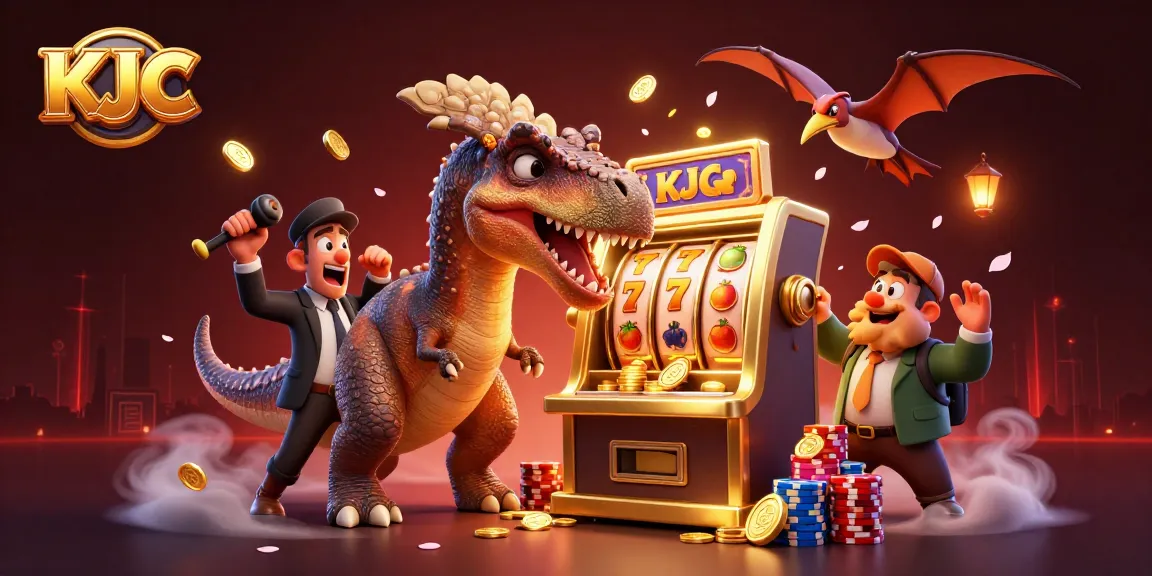 KJC slot machine scene with a pachycephalosaurus winning jackpots amidst vibrant casino elements.