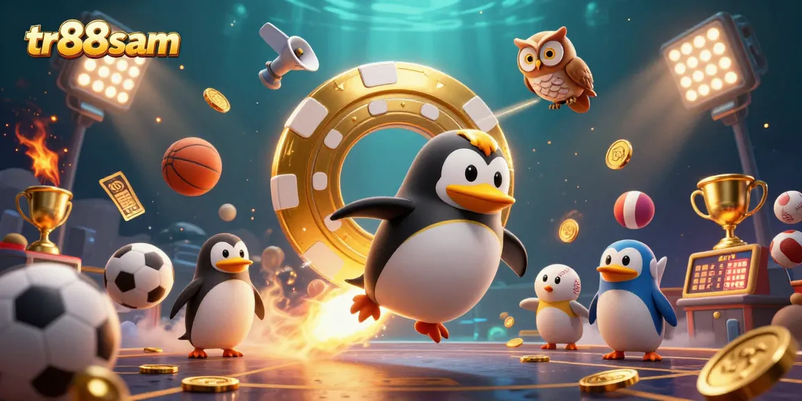 tr88sam showcases a golden penguin racing towards a cosmic casino, capturing the thrill of sports betting.