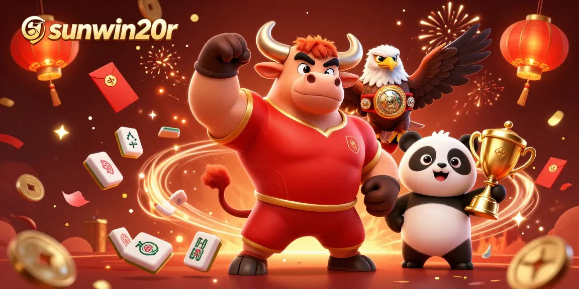Engage in thrilling gameplay with sunwin20r, featuring a cartoon bull celebrating victory amidst dynamic casino elements.