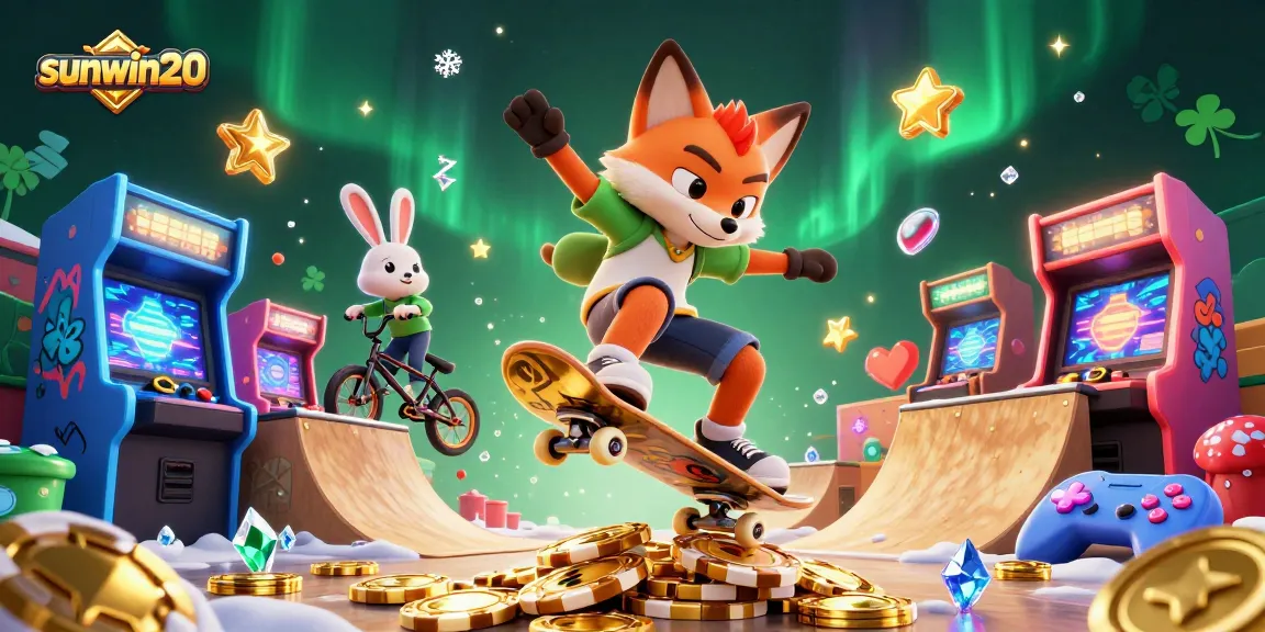 Engage with sunwin20 in this vibrant casino-themed illustration featuring a skater fox and BMX rabbit.