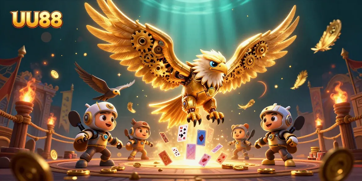 Experience UU88’s vibrant casino excitement with a 3D eagle soaring through holographic cards.