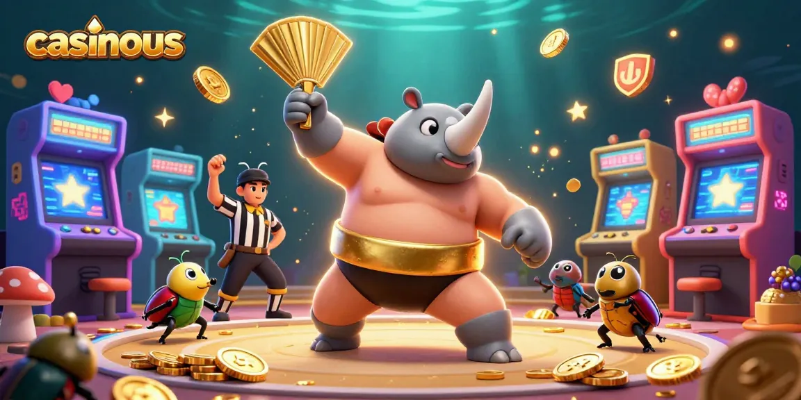 casinous highlights an epic casino battle scene with a rhinoceros beetle champion surrounded by golden coins and vibrant game elements.