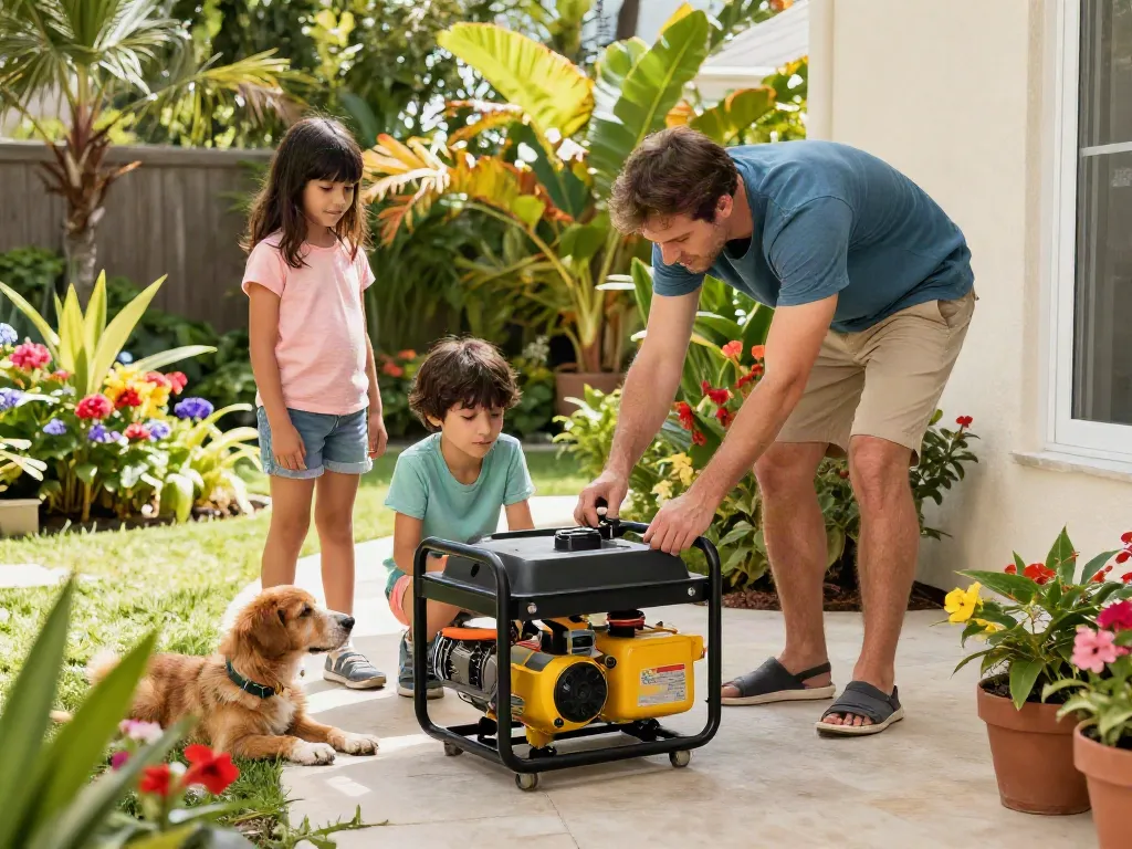Configuración de plantas eléctricas Venezuela en el jardín familiar durante un apagón, mostrando una familia preparada.