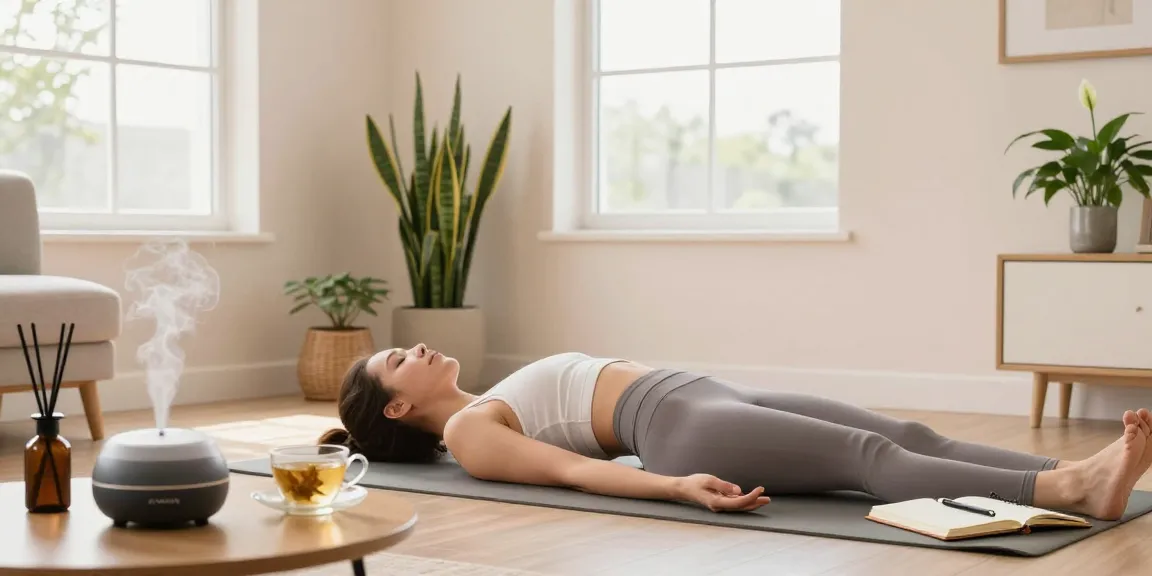 Wellness practice at home with yoga and calming decor featuring koiaminos.com elements.