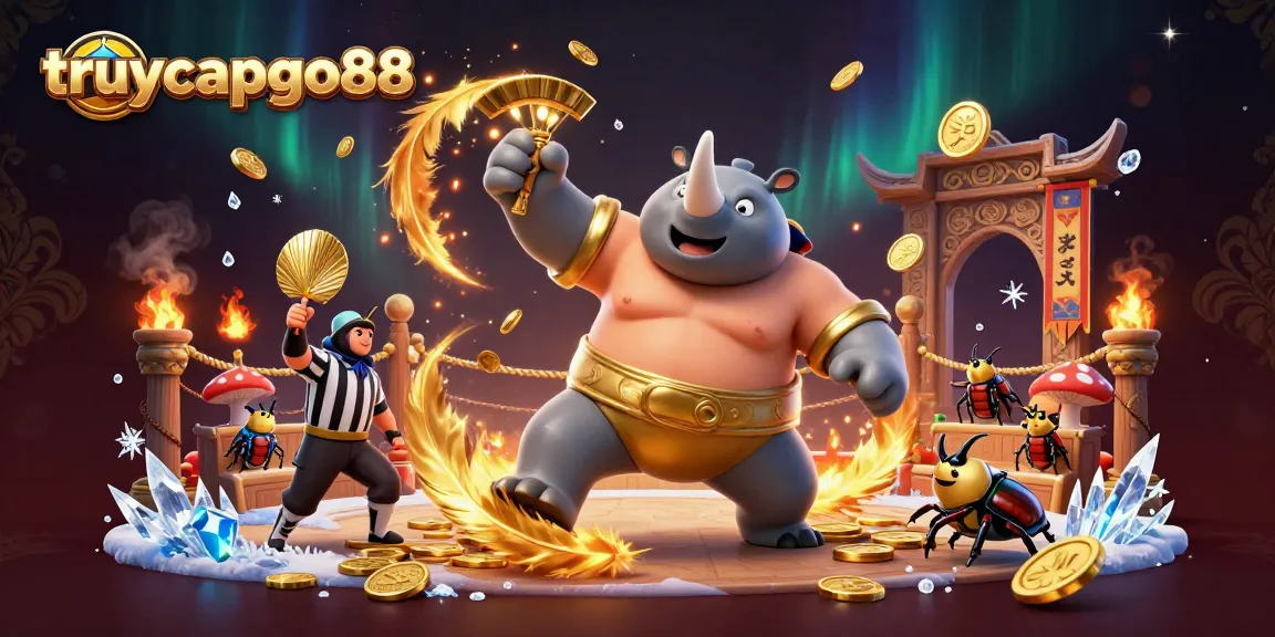 Experience thrilling action at truycapgo88 with our cartoon beetle champion surrounded by gold coins and vibrant gaming elements.