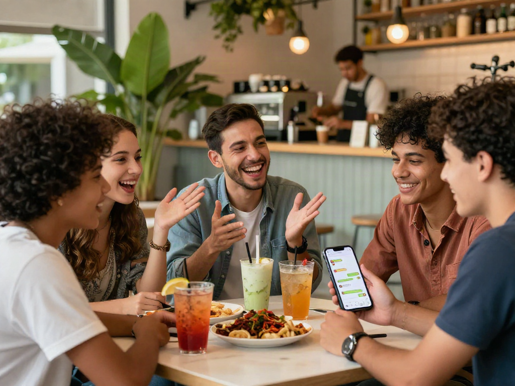 Diverse friends enjoying a spicy chat at a café with vibrant drinks and a smartphone displaying lively conversation.
