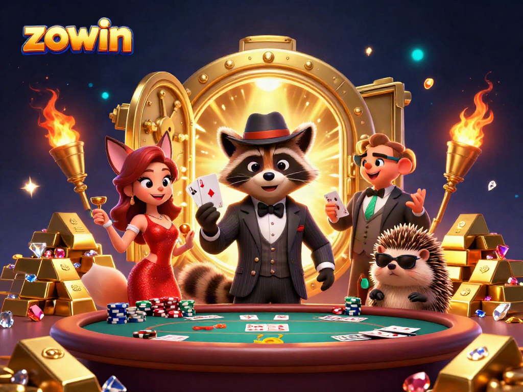 Zowin raccoon holding a royal flush at a bustling poker table surrounded by gold and gems.
