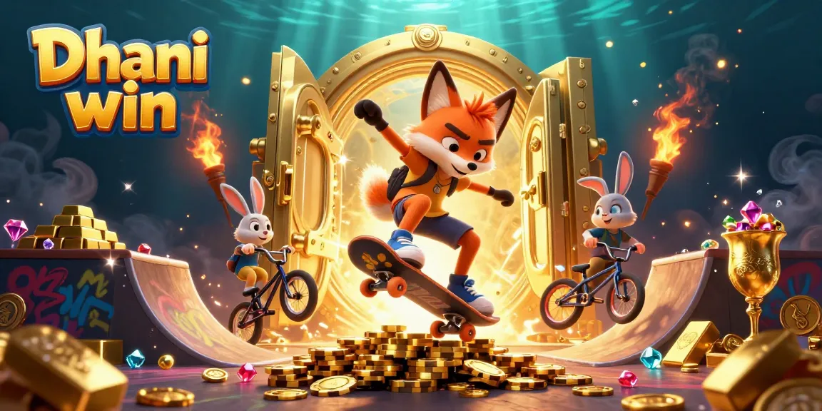 Dhani win delivers excitement as a skateboarder fox performs tricks alongside a BMX-riding rabbit in a vibrant casino scene.