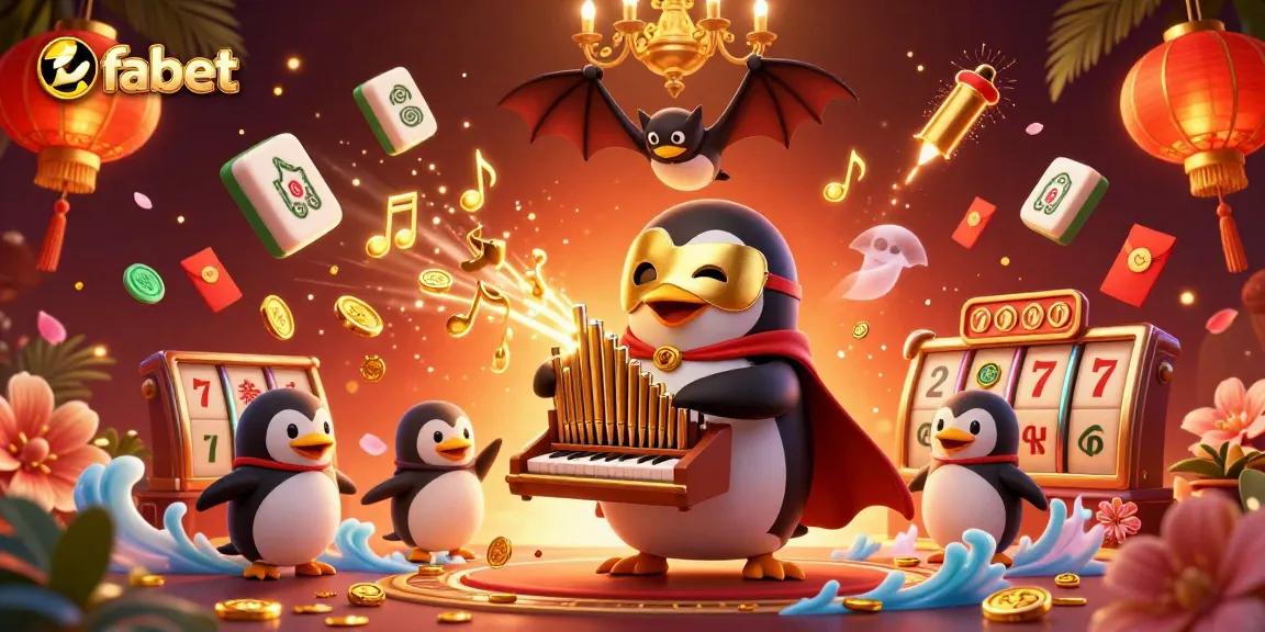 Experience exciting gameplay with fabet as a cartoon penguin plays a coin-shooting organ in a vivid casino scene.