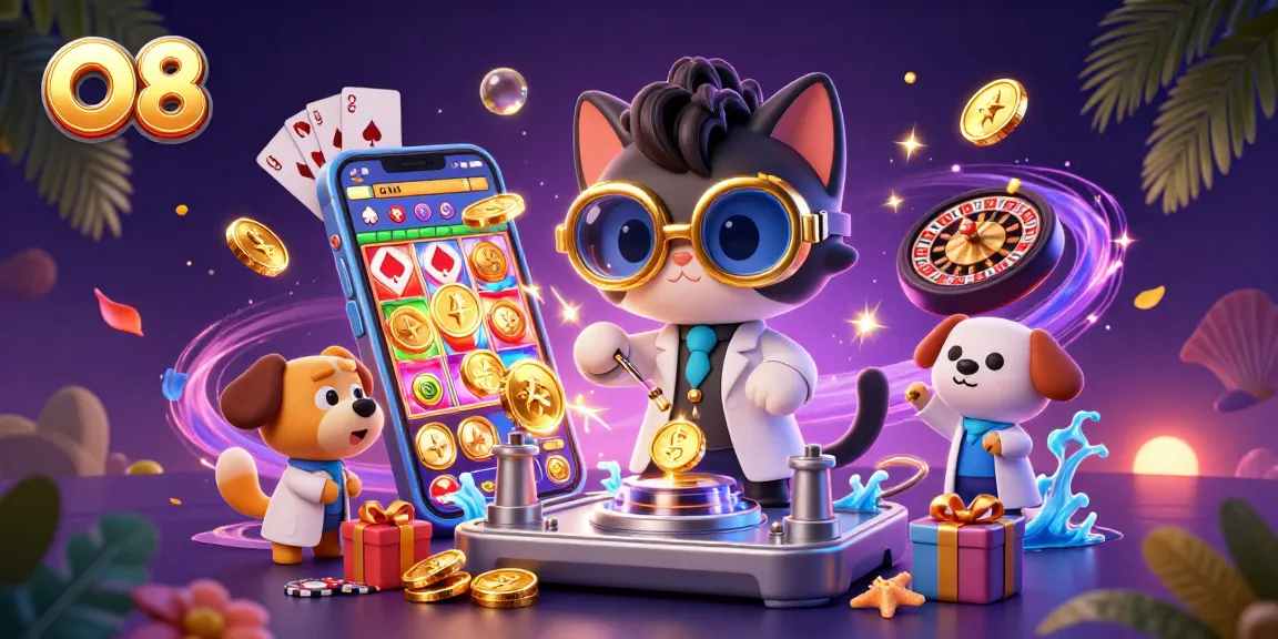 Win big with O8 at the vibrant casino scene featuring a mad scientist cat and dog!