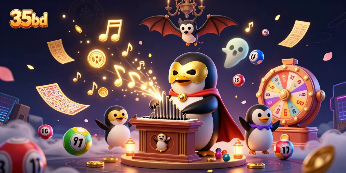 Experience the excitement at 35bd with a cartoon penguin playing an organ amidst golden coins and lottery elements.