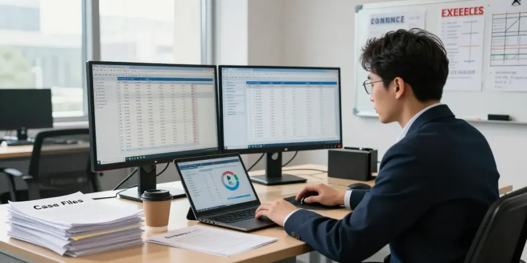 Financial crime investigation expert analyzing data in a modern office setting with dual monitors.