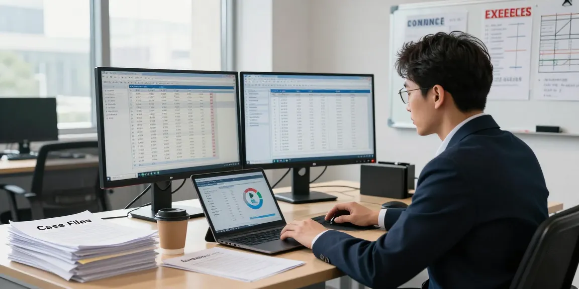 Financial crime investigation expert analyzing data in a modern office setting with dual monitors.