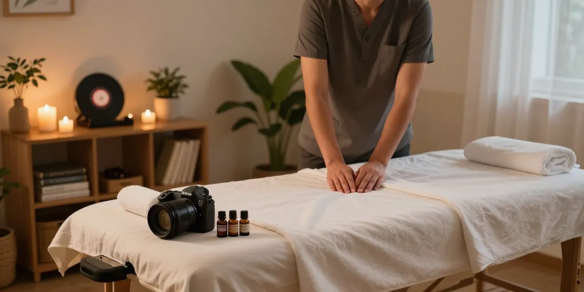 Serene home massage environment for 광명출장안마 service, featuring a therapist preparing the room.
