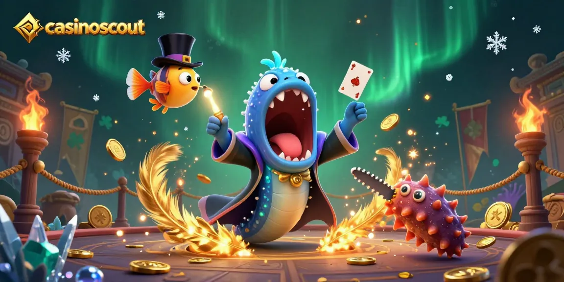 Casinoscout features a magical scene with a gulper eel magician, anglerfish spotlight, and a sea cucumber magic act.