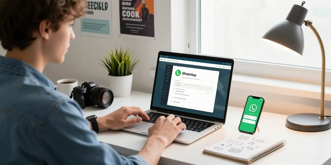 Downloading WhatsApp on a laptop in a modern workspace, showcasing a vibrant, productive atmosphere. WhatsApp下載.