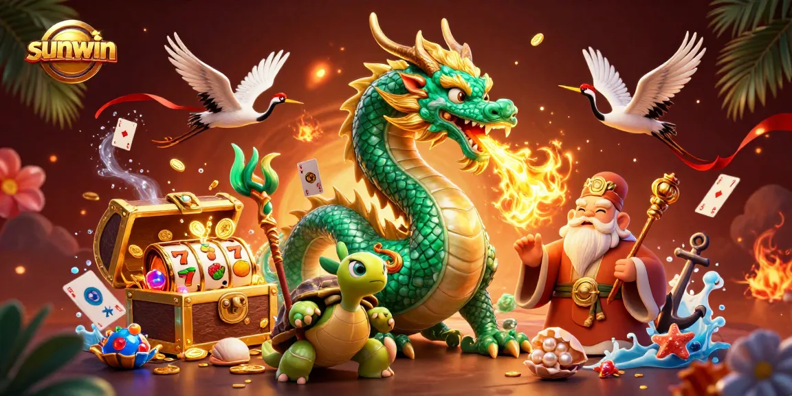 Play exciting games at sunwin with a dragon and lucky symbols in a vibrant casino scene.