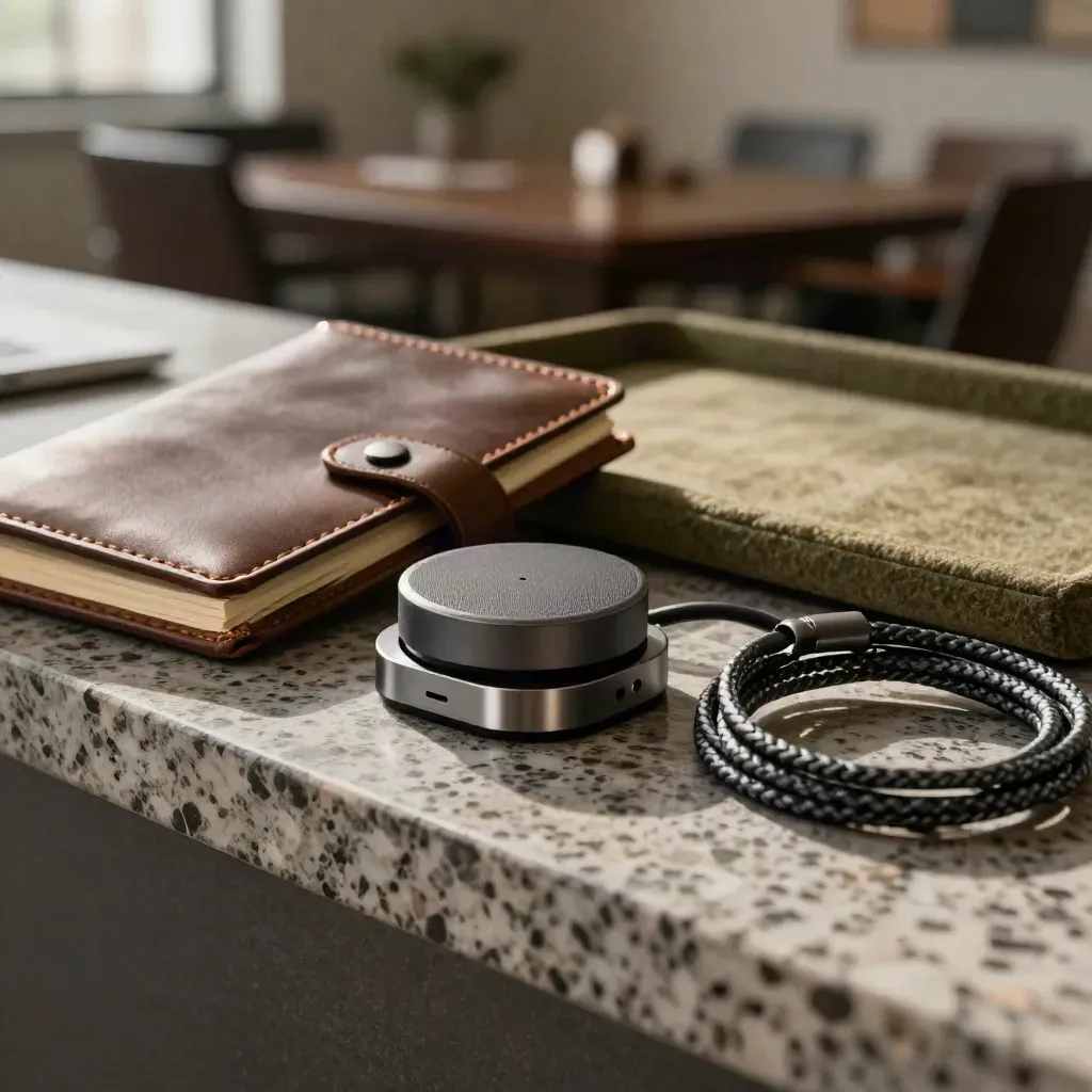 Leather notebook case, speaker puck and sync dock on travertine in soft evening light.
