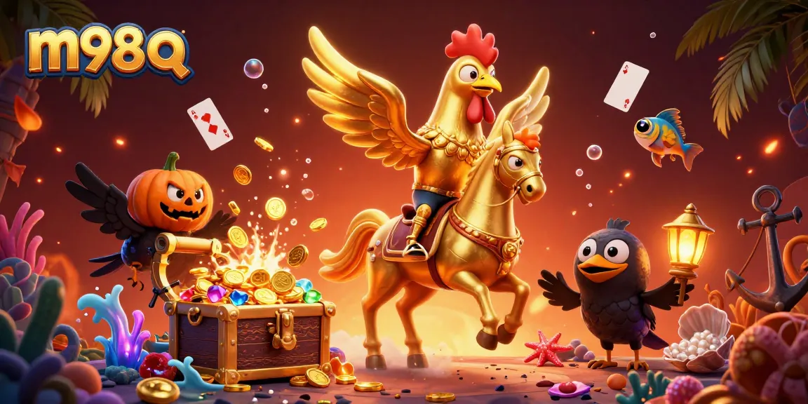 Experience m98 q in a vibrant casino with a golden rooster and treasure