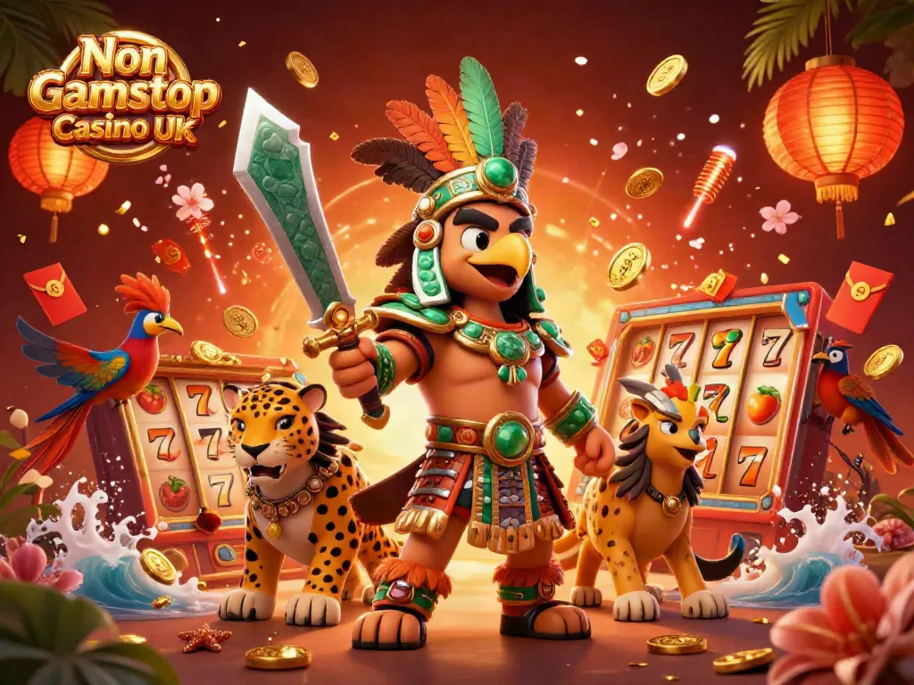 Engage with Non Gamstop Casino UK through a vibrant 3D scene of Aztec warriors amidst spinning slots and gold coins.