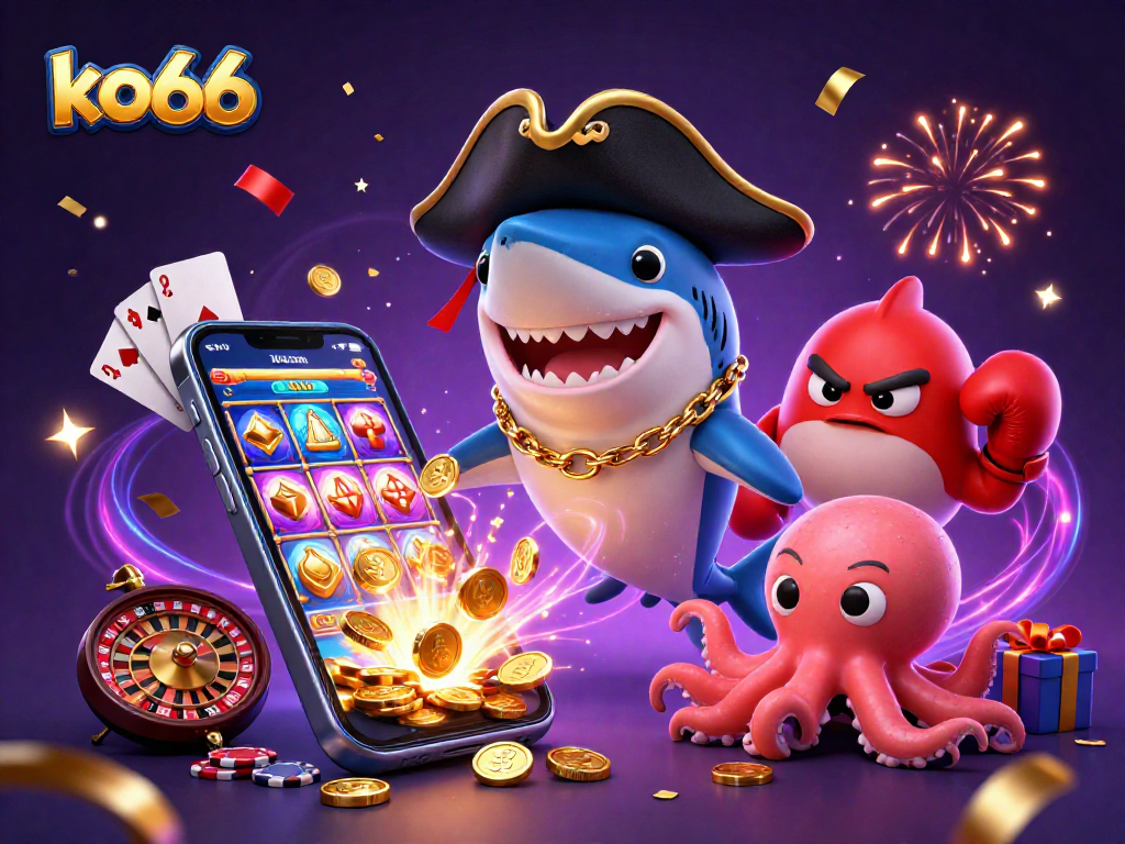 Experience excitement with ko66 as a shark, pufferfish, and octopus in a vibrant casino scene filled with games and coins.