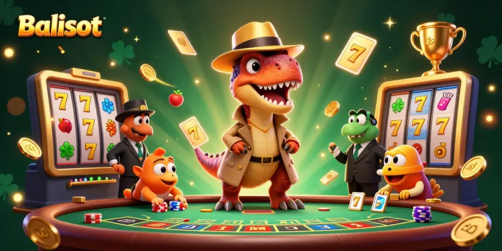 Experience thrilling Balislot action with a velociraptor card counter and vibrant slot elements in a dynamic casino scene.