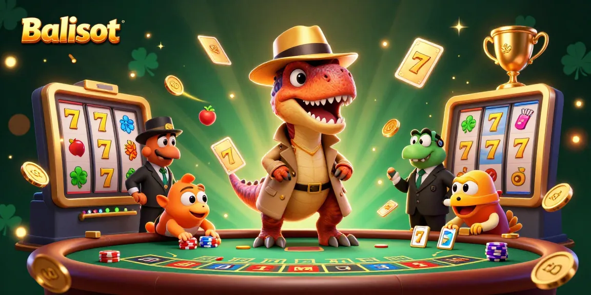 Experience thrilling Balislot action with a velociraptor card counter and vibrant slot elements in a dynamic casino scene.