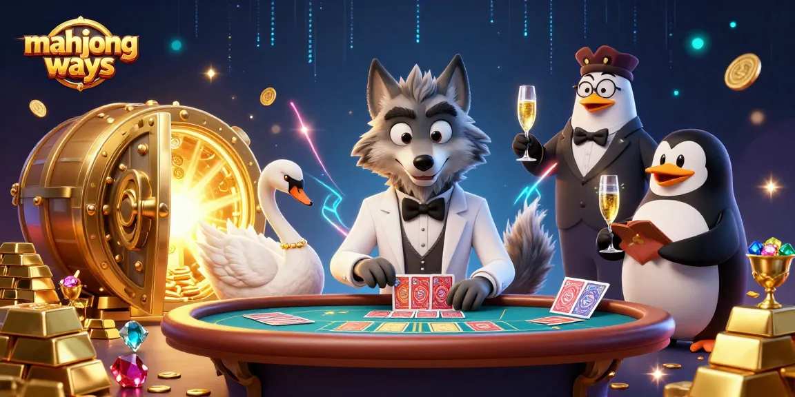 Experience the thrill of winning on mahjong ways as a wolf and swan deal cards amidst treasures.