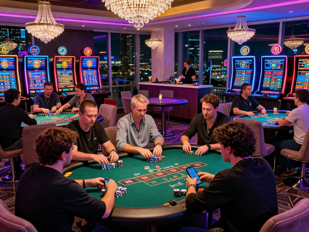 Exciting crypto casino scene with players at poker tables and vibrant digital screens.