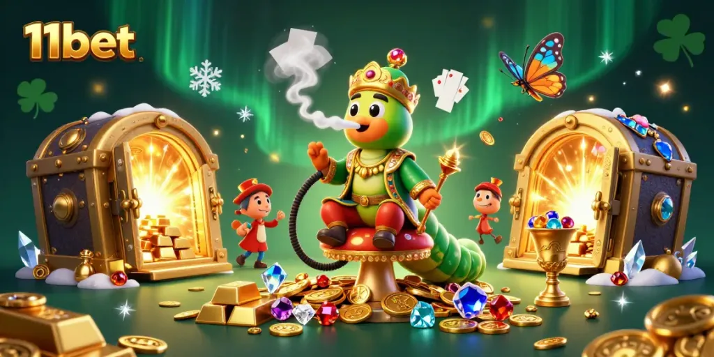 Experience excitement with 11bet's dynamic casino scene featuring poker hand symbols and treasures.