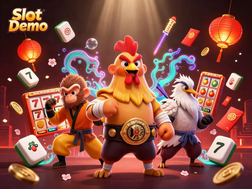 Experience the excitement of Slot Demo with 3D characters in a vibrant casino scene, rich in detail.