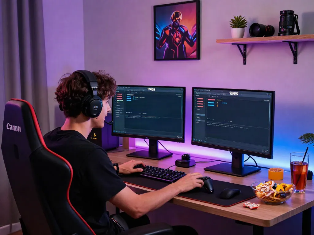 SIN88 nhà cái player engaged in online gaming, showcasing a modern gaming setup with vibrant atmosphere.