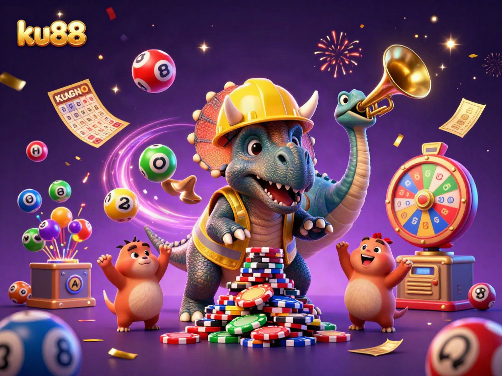 ku88 celebrates with vibrant 3D illustration of a triceratops building poker chip pyramid amidst lottery excitement