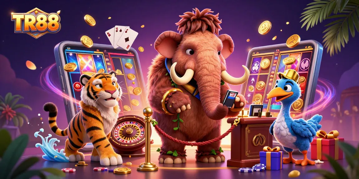 Experience TR88 with a vibrant scene of a woolly mammoth bouncer and vibrant casino elements.