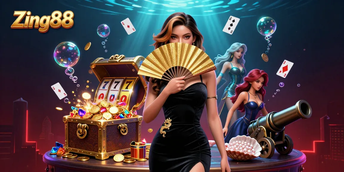 Zing88 captivates players with a stunning scene of colorful gems, slot reels, and immersive casino elements.