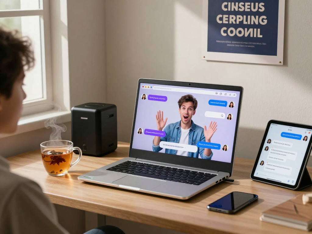 Engaging user interacting with sex chat AI in a cozy home office environment, showcasing technology and conversation.