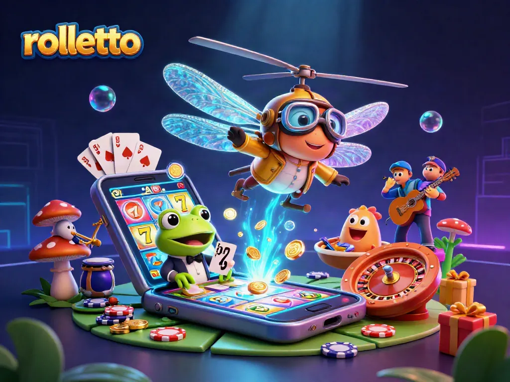 Experience rolletto excitement with a vibrant 3D illustration showcasing casino themes and characters.